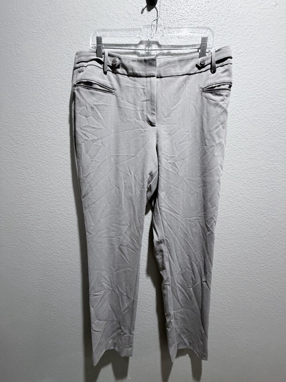 Calvin Klein Gray Career Work Pants slim Leg, Silver Zip accents Women’s 12 ￼
